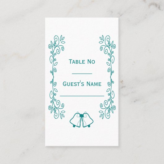 ティール（緑がかった色）ベルズスクロールワーク結婚デザイン プレイスカード (正面)