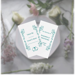 ティール（緑がかった色）ベルズスクロールワーク結婚デザイン プレイスカード