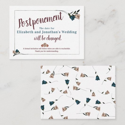 ティール（緑がかった色）、ベージュバラ結婚の延期カード アドバイスカード (正面/裏面)