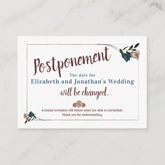 ティール（緑がかった色）、ベージュバラ結婚の延期カード アドバイスカード (正面)