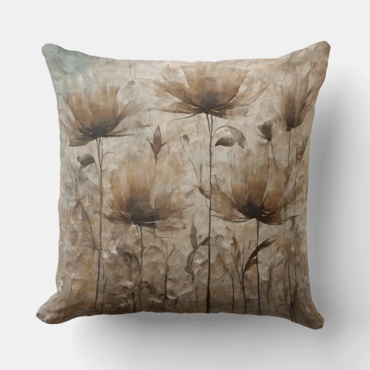 ティール（緑がかった色）ベージュブラウン装飾フローラ クッション (正面)