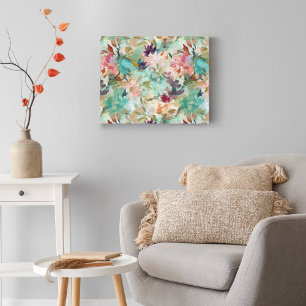 ティール(緑がかった色)ベージュ絵を描抽象芸術の花柄 キャンバスプリント