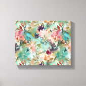 ティール(緑がかった色)ベージュ絵を描抽象芸術の花柄 キャンバスプリント (正面)