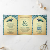 ティール(緑がかった色)ペイズリーインディアンピーコックQRコード結婚ズ 三つ折り招待状 (内部)