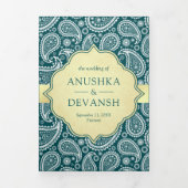 ティール(緑がかった色)ペイズリーインディアンピーコックQRコード結婚ズ 三つ折り招待状 (カバー)