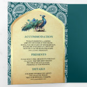 ティール(緑がかった色)ペイズリーインディアンピーコックQRコード結婚ズ 三つ折り招待状 (内部最初)