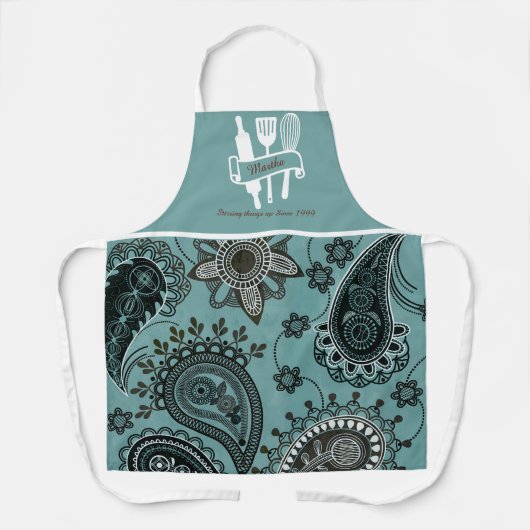 ティール（緑がかった色）ペイズリーカスタムパーソナライズされた調理師 エプロン (正面)