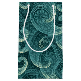 ティール（緑がかった色）ペイズリー時無パターン スモールペーパーバッグ