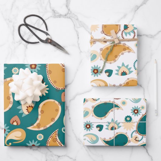 ティール（緑がかった色）ペイズリー19インチx 29インチラッピング紙シート ラッピングペーパーシート (正面)