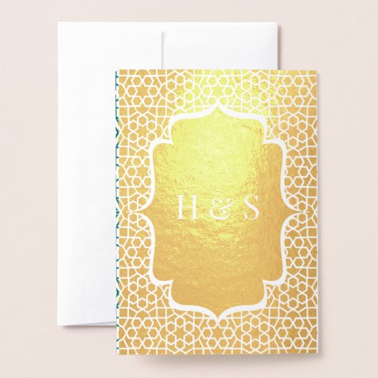 ティール（緑がかった色）ペルシャゴールドフォイルムスリム結婚式招待状 箔カード (裏面封筒付き)