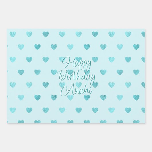 ティール(緑がかった色)ホイフェイクルハートラブスクリプト | ターコイズ ラッピングペーパーシート (正面)