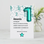 ティール(緑がかった色)ホイフェイクルバルーン1st誕生日パーティー 招待状 (スタンド正面)