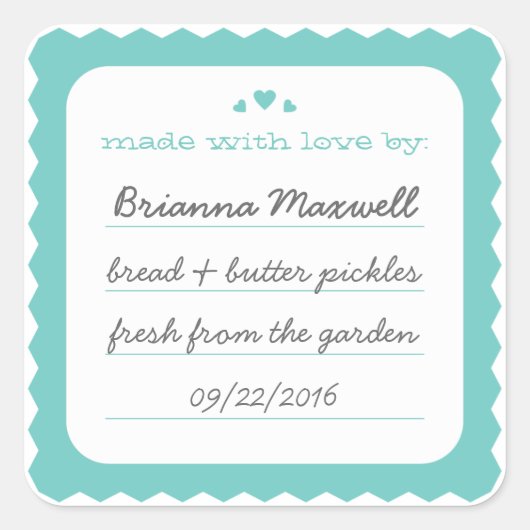 ティール（緑がかった色）ホタテハートフードギフトラベル正方形ステッカー スクエアシール (正面)