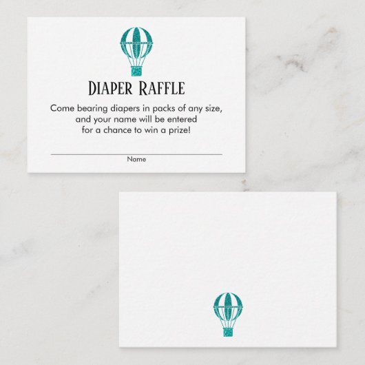 ティール（緑がかった色）ホットエアバルーンおむつラッフルチケットカード エンクロージャーカード (正面/裏面)