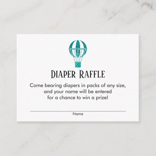 ティール（緑がかった色）ホットエアバルーンおむつラッフルチケットカード エンクロージャーカード (正面)