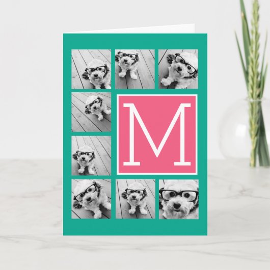 ティール(緑がかった色)&ホットピンクインスタグラム8フォトコラージモノグラム ノートカード (正面)