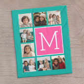 ティール(緑がかった色)ホットピンクインスタグラム8フォトコラージモノグラム フリースブランケット