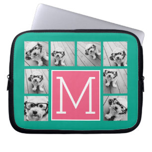 ティール（緑がかった色）&ホットピンクインスタグラム8フォトコラージモノグラム ラップトップスリーブ