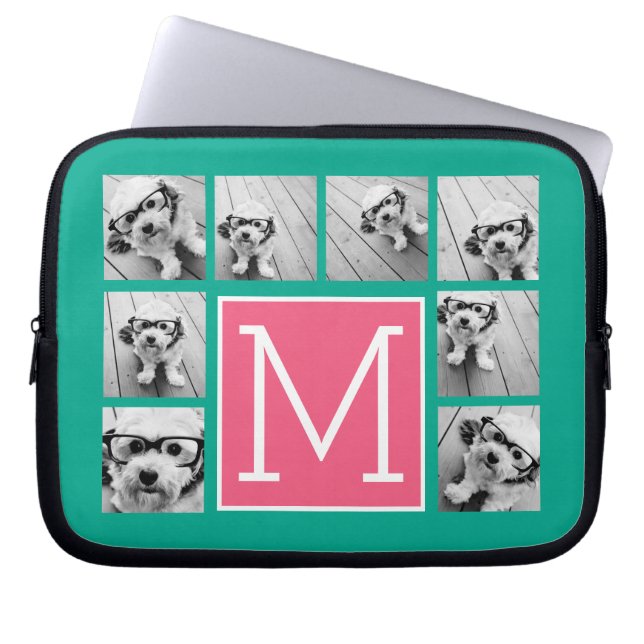 ティール（緑がかった色）&ホットピンクインスタグラム8フォトコラージモノグラム ラップトップスリーブ (正面)