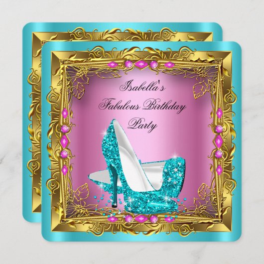 ティール（緑がかった色）ホットピンクグリッターハイヒール誕生日パーティー 招待状 (正面/裏面)