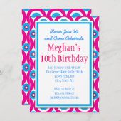 ティール(緑がかった色)ホットピンクサークルバースデーパーティ招待状 招待状 (正面/裏面)