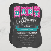 ティール（緑がかった色）ホットピンクシャルボードフラッグベビーシャワー招待状 招待状 (正面/裏面)