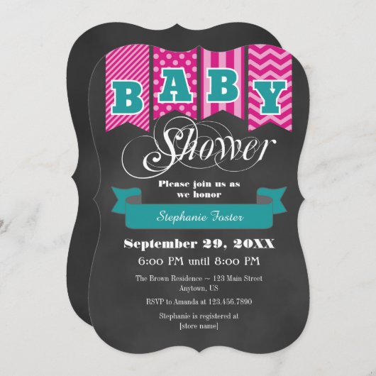 ティール(緑がかった色)ホットピンクシャルボードフラッグベビーシャワー招待状 招待状 (正面/裏面)
