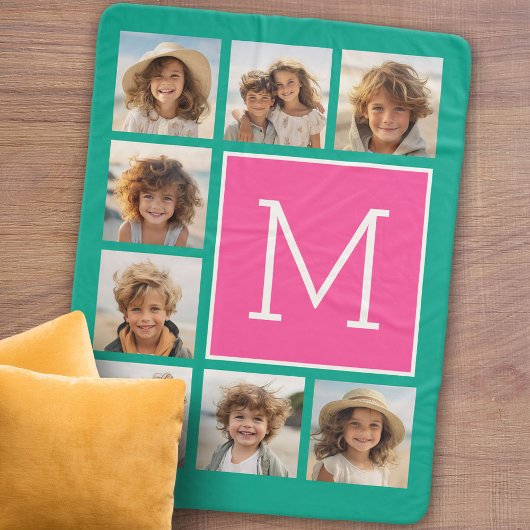 ティール(緑がかった色)&ホットピンクスクウェア8フォトコラージモノグラム シェルパブランケット