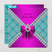 ティール(緑がかった色)ホットピンクダイヤモンドエレガントバースデーパーティー 招待状 (正面/裏面)