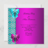 ティール(緑がかった色)ホットピンクダイヤモンドエレガントバースデーパーティー 招待状 (裏面)