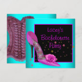 ティール（緑がかった色）ホットピンクハイヒールコルセットバチェロレッテ 招待状 (正面/裏面)