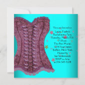 ティール（緑がかった色）ホットピンクハイヒールコルセットバチェロレッテ 招待状 (裏面)