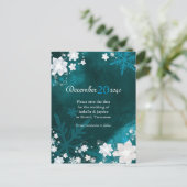 ティール(緑がかった色)ホワイトウィンターウェディング日付を保存 案内ポストカード (スタンド正面)