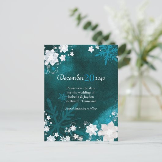 ティール(緑がかった色)ホワイトウィンターウェディング日付を保存 案内ポストカード (スタンド正面)