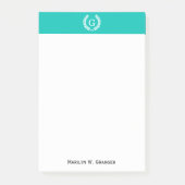 ティール(緑がかった色)ホワイトウィートローレルリースイニシャルモノグラム ポストイット (正面)