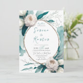 ティール(緑がかった色)ホワイトウォーターカラー牡丹フローラオーバル結婚ズ 招待状 (スタンド正面)