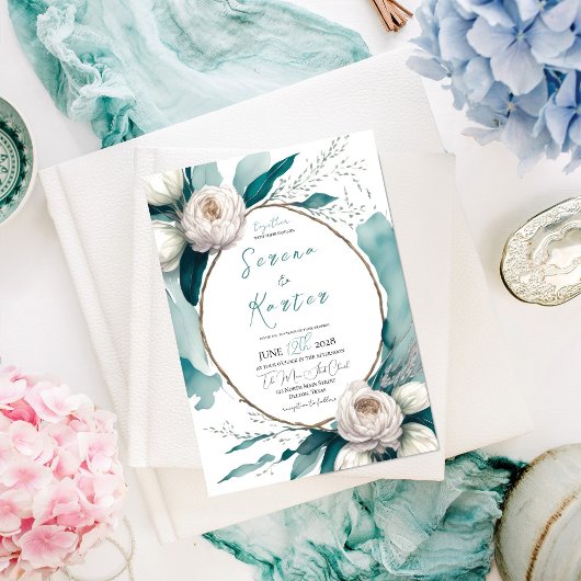ティール(緑がかった色)ホワイトウォーターカラー牡丹フローラオーバル結婚ズ 招待状