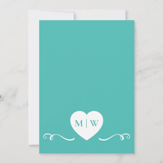 ティール(緑がかった色)ホワイトエレガントなウェディングハートイニシャル 招待状 (裏面)