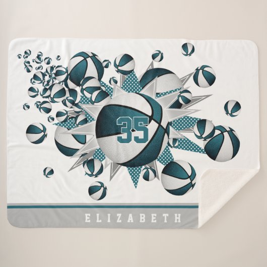 ティール(緑がかった色)ホワイトガールズスポーツスターバスケットボールパンアウト シェルパブランケット (正面(横))