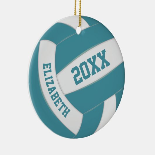 ティール(緑がかった色)ホワイトガールズチームカラーバレーボール セラミックオーナメント (右)