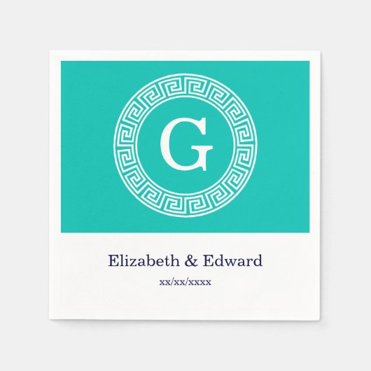 ティール（緑がかった色）ホワイトギリシャ鍵ラウンドフレームイニシャルモノグラム スタンダードカクテルナプキン (正面)