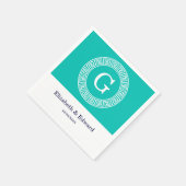 ティール（緑がかった色）ホワイトギリシャ鍵ラウンドフレームイニシャルモノグラム スタンダードカクテルナプキン (角)