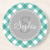 ティール(緑がかった色)ホワイトギンガムプレイドパターンモノグラム コースター (正面)