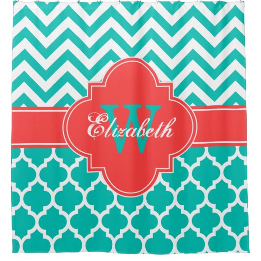 ティール(緑がかった色)ホワイトコーラルレッドモロッコ#5シェブロン1IQRN シャワーカーテン (正面)