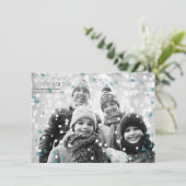 ティール(緑がかった色)&ホワイトコールドウィンタースノーフレークスホリデーフォト 招待状 (スタンド正面)