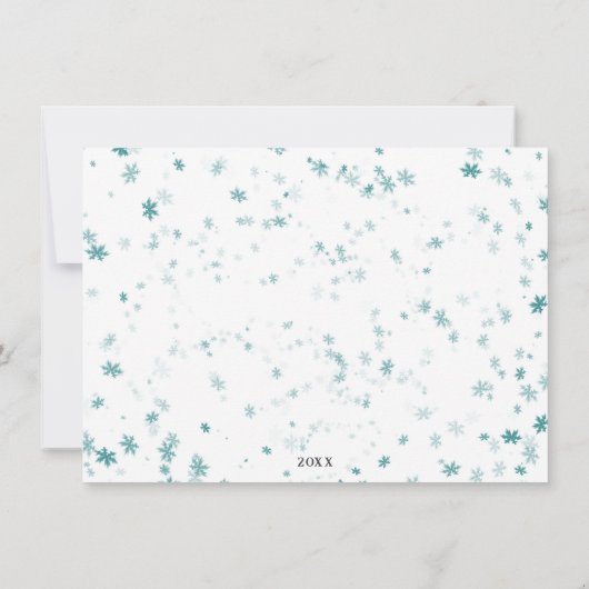 ティール(緑がかった色)&ホワイトコールドウィンタースノーフレークスホリデーフォト 招待状 (裏面)