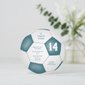 ティール（緑がかった色）ホワイトサッカーをテーマにした誕生日パーティー 案内状 (スタンド正面)
