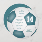 ティール（緑がかった色）ホワイトサッカーをテーマにした誕生日パーティー 案内状 (正面/裏面)