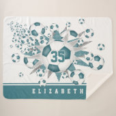 ティール(緑がかった色)ホワイトサッカーボールが女の子のスポーツルームをスター シェルパブランケット (正面(横))