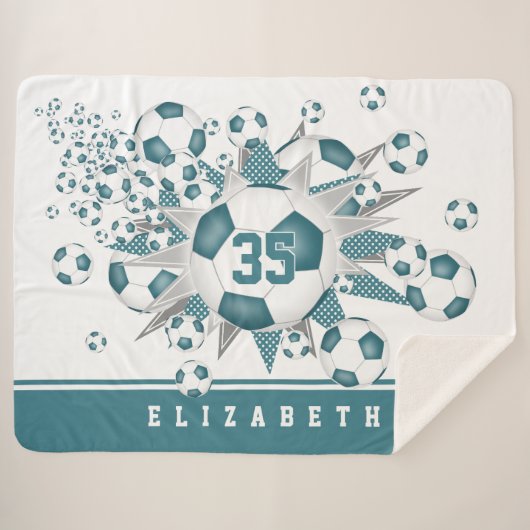 ティール(緑がかった色)ホワイトサッカーボールが女の子のスポーツルームをスター シェルパブランケット (正面(横))